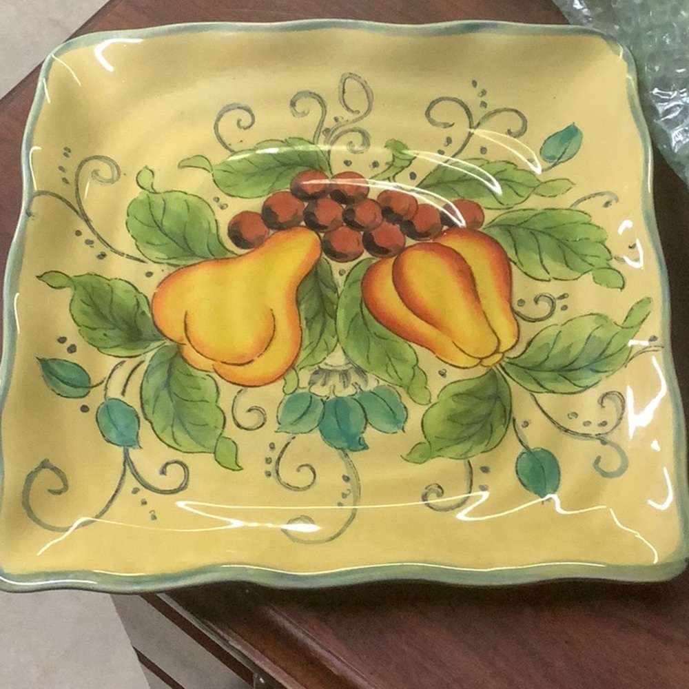 Golden Harvest Vintage Square Plate Pumpkins Grapes and Leaves Pattern